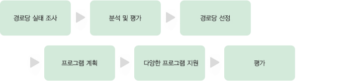 경로당 실태 조사 > 분석 및 평가 > 경로당 선정 > 프로그램 계획 > 다양한 프로그램 지원 > 평가